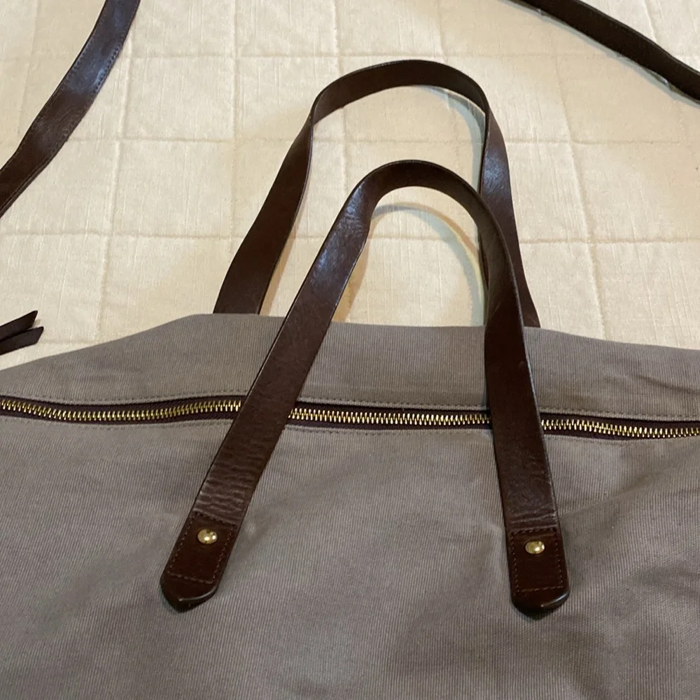 Cuyana Gray Canvas and Brown Leather Overnight Bag
